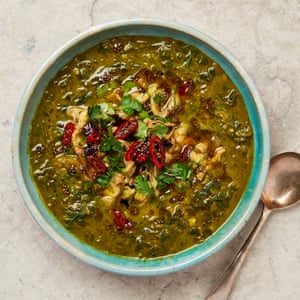 Yotam Ottolenghi’s herb, spinach and burnt aubergine soup.